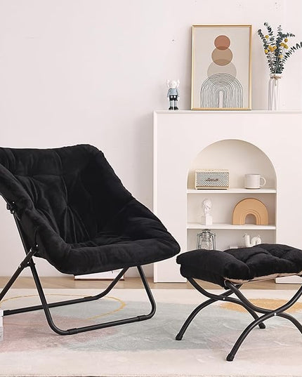 Tiita Saucer Chair with Ottoman, Soft Faux Fur Oversized Folding Accent Chair,Lounge Lazy Chair, Metal Frame Moon Chair for Bedroom, Living Room, Dorm Rooms, Garden and Courtyard - LeafyLoom
