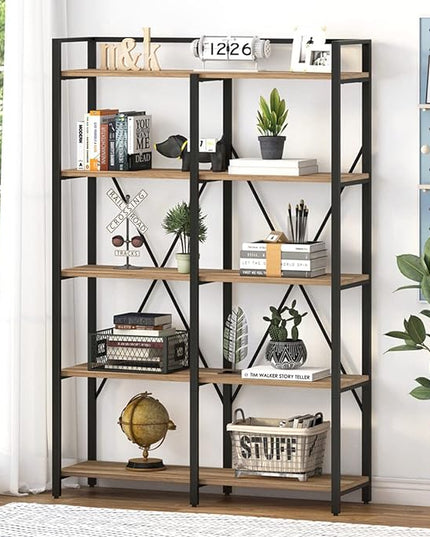 BON AUGURE Industrial Bookshelves and Bookcases, 5 Tier Heavy Duty Etagere Shelving Unit, Farmhouse Rustic Wood Metal Book Shelves for Office, Living Room and Bedroom (Vintage Oak, 43.31 inch Wide) - LeafyLoom