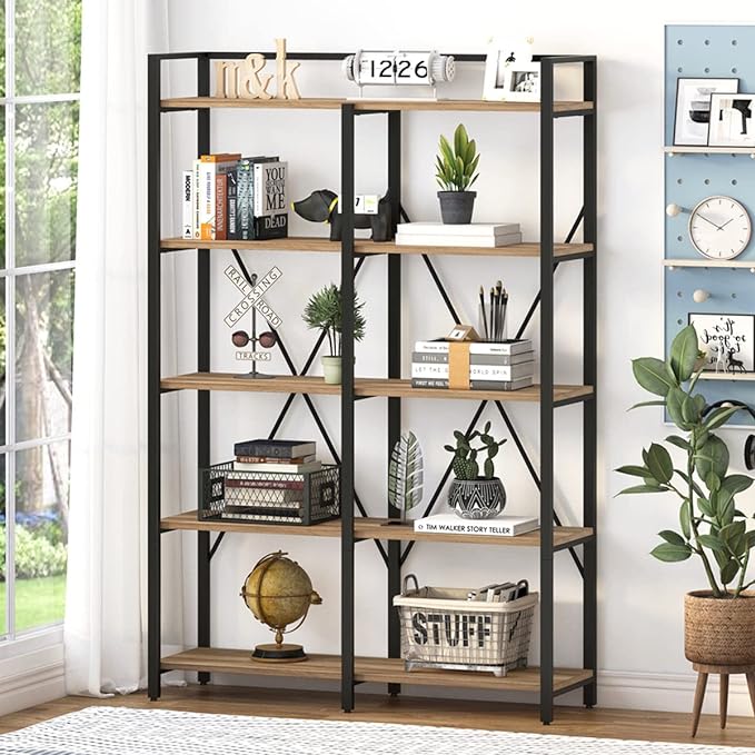 BON AUGURE Industrial Bookshelves and Bookcases, 5 Tier Heavy Duty Etagere Shelving Unit, Farmhouse Rustic Wood Metal Book Shelves for Office, Living Room and Bedroom (Vintage Oak, 43.31 inch Wide) - LeafyLoom
