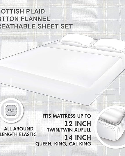 Comfort Spaces Cotton Flannel Breathable Warm Deep Pocket Sheets with Pillow Case Bedding, King, Green Plaid Scottish Plaid 4 Piece - LeafyLoom