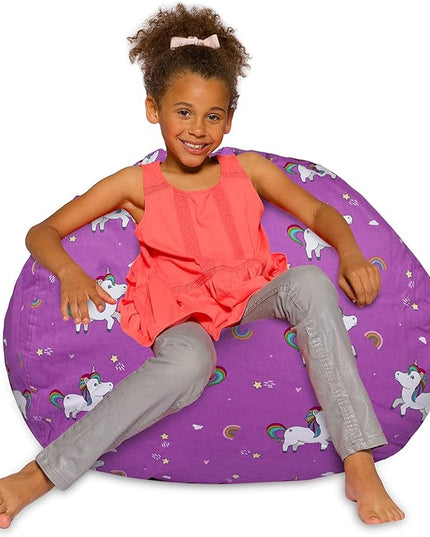 Posh Creations Bean Bag Chair for Kids, Teens, and Adults Includes Removable and Machine Washable Cover, 38in - Large, Canvas Unicorn and Rainbows on Purple - LeafyLoom