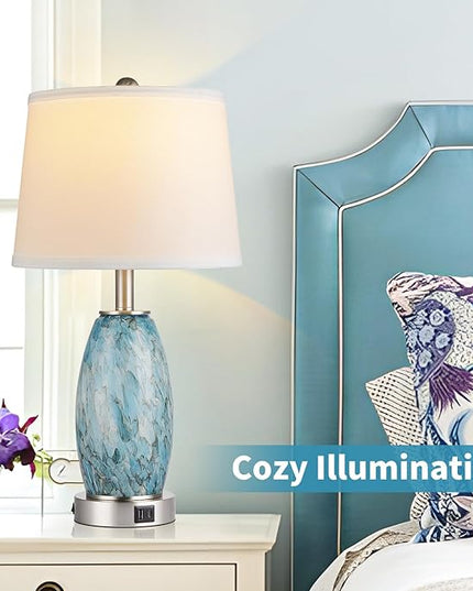 Table Lamps Set of 2, 3-Way Lighting Modes Modern Table Lamps for Bedroom, Coastal Bedside Lamps with USB Port & Type C, Glass Nightstand Lamps, 24" Table Lamps for Living Room Bedroom Decoration - LeafyLoom