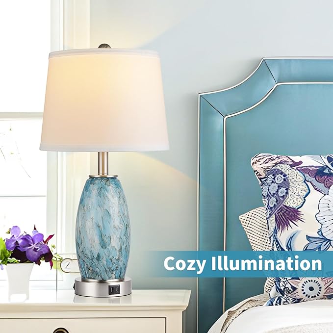Table Lamps Set of 2, 3-Way Lighting Modes Modern Table Lamps for Bedroom, Coastal Bedside Lamps with USB Port & Type C, Glass Nightstand Lamps, 24" Table Lamps for Living Room Bedroom Decoration - LeafyLoom