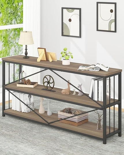 IBF Industrial 3 Tier Bookshelf, Rustic Low Wood and Metal Book Shelf, Farmhouse Long Wide Open Horizontal Bookcase, Modern Large Vintage Etagere for Home Office Bedroom Living Room, Rustic Oak, 63 In - LeafyLoom