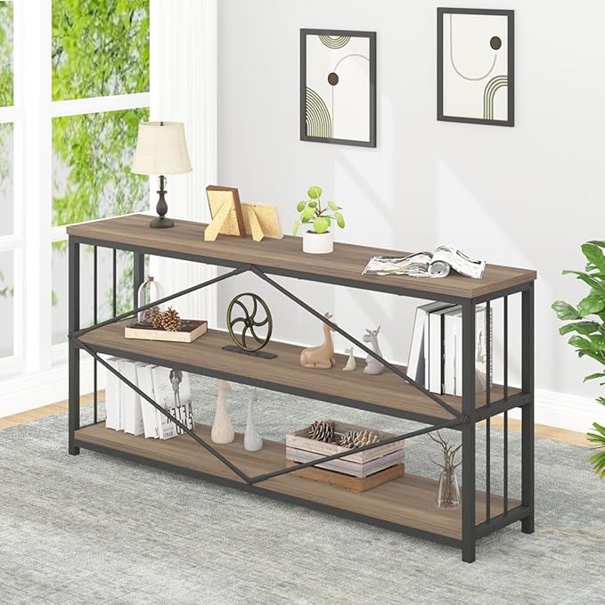IBF Industrial 3 Tier Bookshelf, Rustic Low Wood and Metal Book Shelf, Farmhouse Long Wide Open Horizontal Bookcase, Modern Large Vintage Etagere for Home Office Bedroom Living Room, Rustic Oak, 63 In - LeafyLoom