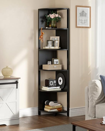 YITAHOME 6-Tier Corner Shelf, 68.8" Tall Modern Free Standing Zigzag Corner Bookshelf, 6 Shelf Display Corner Bookcase Open Small Book Shelves for Living Room, Home Office, Small Space, Black - LeafyLoom