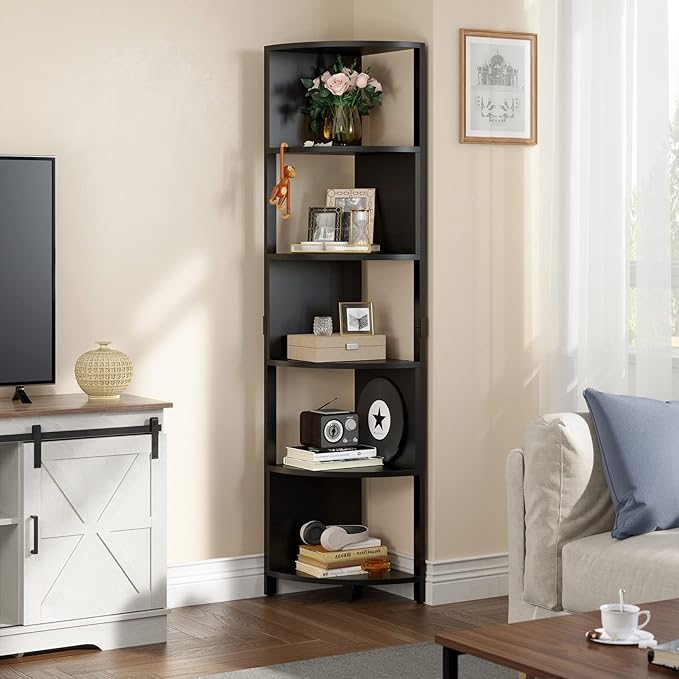 YITAHOME 6-Tier Corner Shelf, 68.8" Tall Modern Free Standing Zigzag Corner Bookshelf, 6 Shelf Display Corner Bookcase Open Small Book Shelves for Living Room, Home Office, Small Space, Black - LeafyLoom