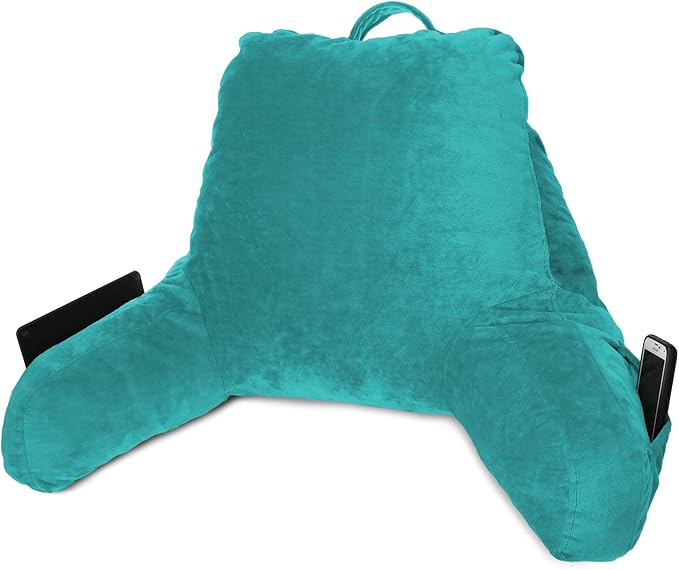 Clara Clark Reading Pillow for Kids, Small Back Pillow for Sitting Up in Bed, Memory Foam Back Support Pillow, Reading Pillows for Sitting in Bed Teal Gaming Pillow for Bed Chair with Arms and Pockets - LeafyLoom