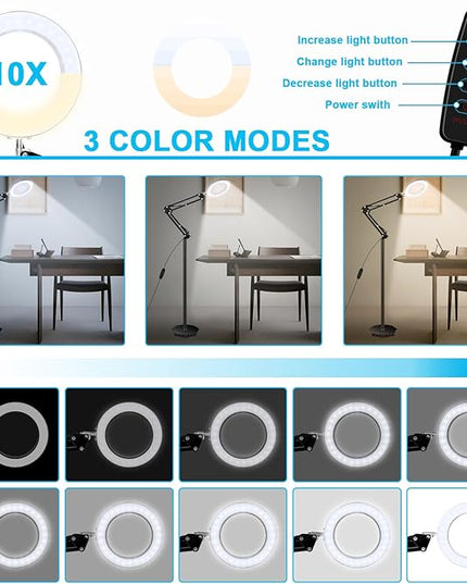 8X Magnifying Glass with Light and Stand, 3 Color Temperatures, Adjustable Brightness Magnifying Floor Lamp, Swing Arm Lighted Magnifier for Reading, Crafts and Close Work - LeafyLoom