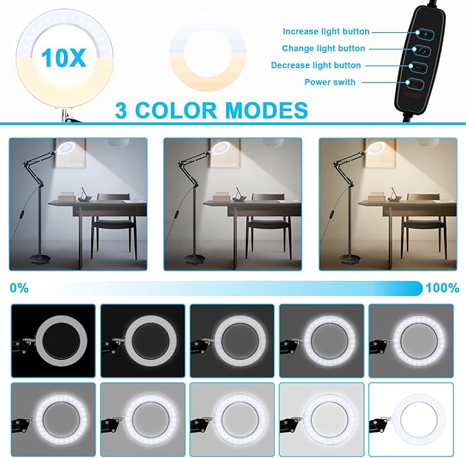 8X Magnifying Glass with Light and Stand, 3 Color Temperatures, Adjustable Brightness Magnifying Floor Lamp, Swing Arm Lighted Magnifier for Reading, Crafts and Close Work - LeafyLoom