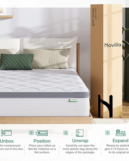 Novilla King Size Mattress, 10 Inch Hybrid King Mattress in a Box, Pocket Innerspring Hybrid Mattress King for Motion Isolation, Pressure Relief & Enhanced Edge Support, Medium Firm Feel - LeafyLoom