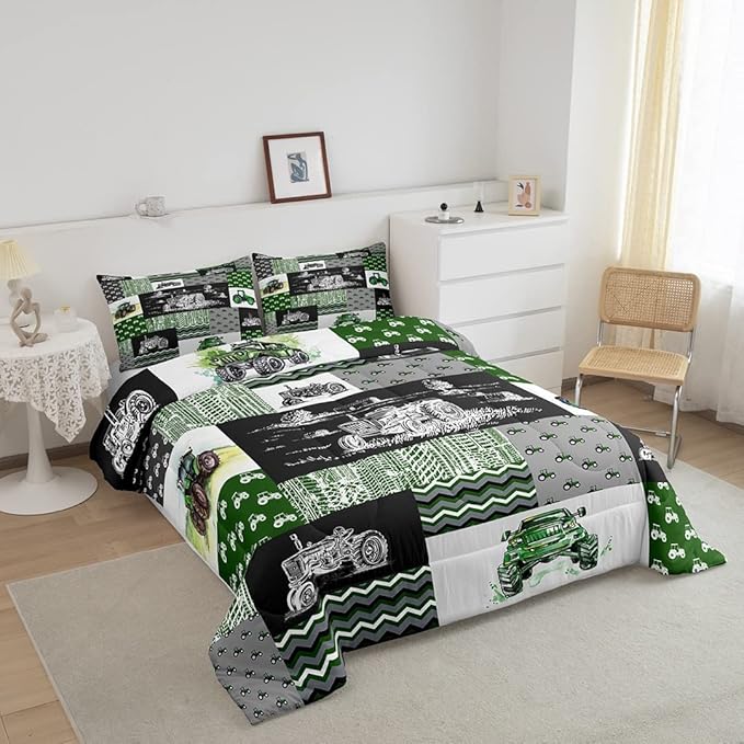 Tractor Bedding Set King Size Equipment Trucks Comforter Set Farmhouse Harvester Down Comforter for Kids Boys Car Bedroom Decor Green Vehicle Quilt Set Plaid Comforter with 2 Pillowcases, Grey - LeafyLoom