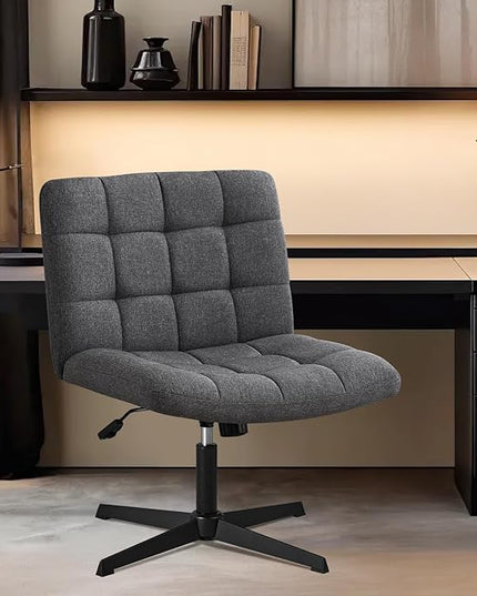 Furniliving Criss Cross Wide Chair, Comfy Legged Desk Chair No Wheels Armless Modern Swivel Chair with Mid Back, Height Adjustable Wide Seat for Home Office Vanity, Grey - LeafyLoom