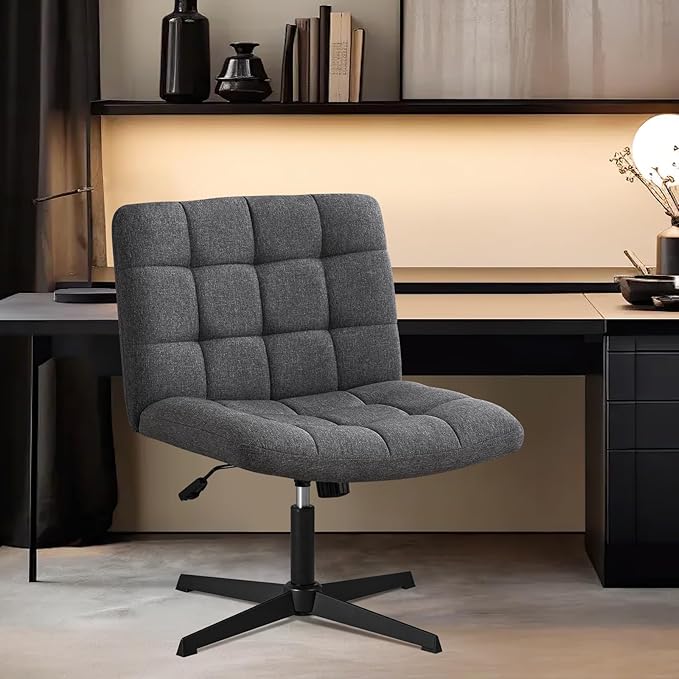 Furniliving Criss Cross Wide Chair, Comfy Legged Desk Chair No Wheels Armless Modern Swivel Chair with Mid Back, Height Adjustable Wide Seat for Home Office Vanity, Grey - LeafyLoom