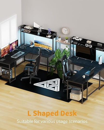 L Shaped Gaming Desk, Reversible L Shaped Computer Desk with Drawers, Led Lights & Power Outlets for Home Office Black - LeafyLoom