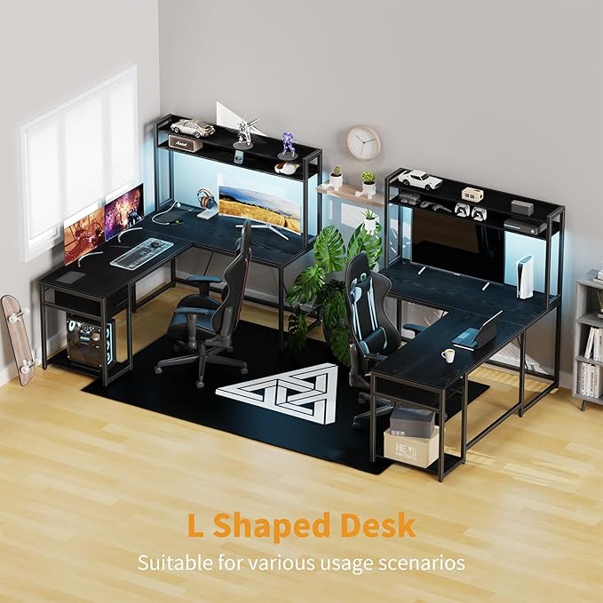 L Shaped Gaming Desk, Reversible L Shaped Computer Desk with Drawers, Led Lights & Power Outlets for Home Office Black - LeafyLoom