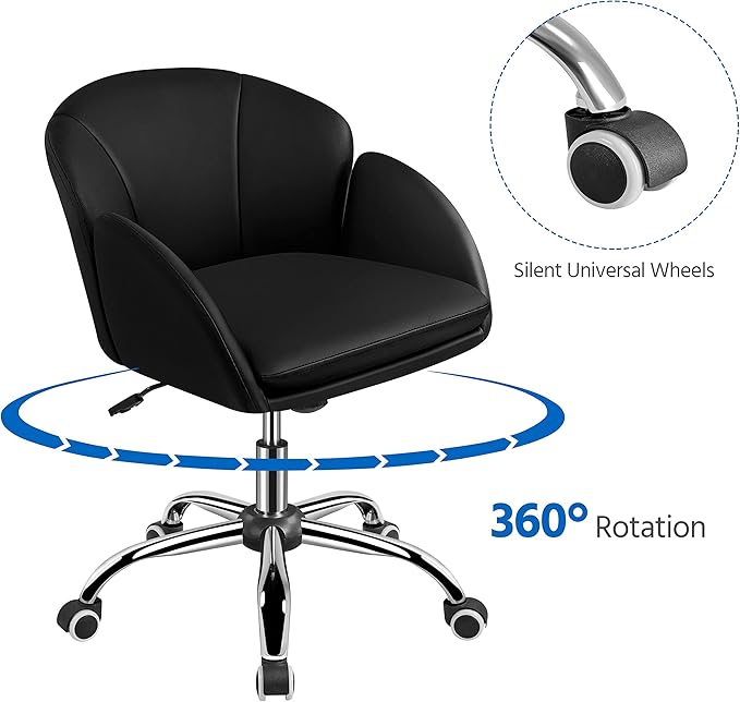 Yaheetech Cute Petal Desk Chair Home Office Swivel Upholstered Leather Makeup Vanity Desk Chair with Armrests for Bedroom Modern Computer Rolling Chair for Women Black - LeafyLoom