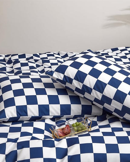 Wellboo Blue and White Comforter Sets King Women Men Diamond Royal Blue Checkerboard Grid Bedding Comforters Cotton Modern Jewelry Blue Checkered Geometric Quilts Luxury Sapphire Buffalo Plaid Bed - LeafyLoom