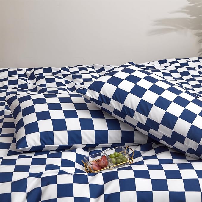 Wellboo Blue and White Comforter Sets King Women Men Diamond Royal Blue Checkerboard Grid Bedding Comforters Cotton Modern Jewelry Blue Checkered Geometric Quilts Luxury Sapphire Buffalo Plaid Bed - LeafyLoom