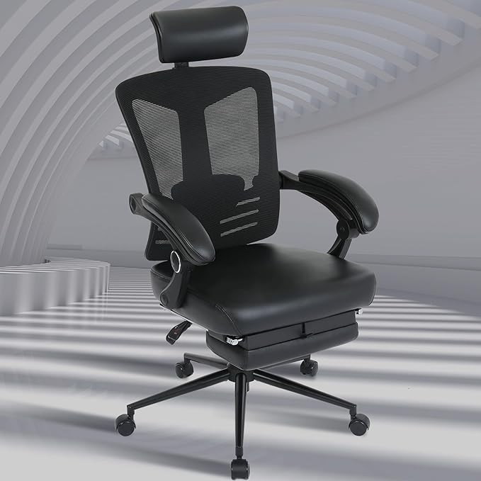 Vonesse Ergonomic Office Chair with Headrest Computer Mesh Office Chair with Footrest Big and Tall Office Chair Adjustable Swivel Rolling High Back Reclining Home Office Desk Chair Black - LeafyLoom