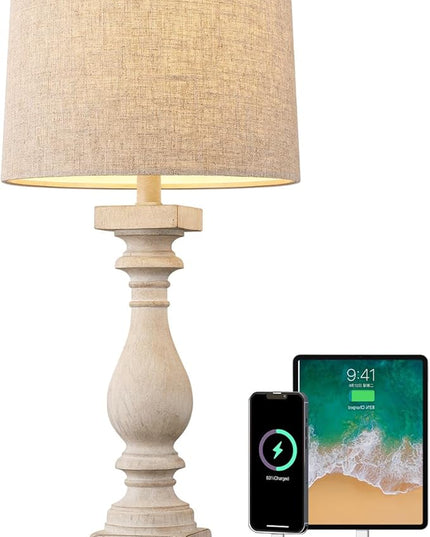 BOBOMOMO Retro 27" USB Charging Ports A/C Wash-White Farmhouse Lamps for Bedrooms Side Table Lamps Bedside Lamp for Nightstand Living Room 1 Pack - LeafyLoom