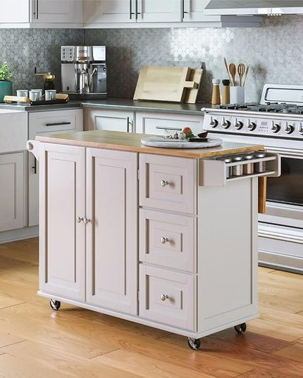 Homestyles Mobile Kitchen Island Cart with Wood Drop Leaf Breakfast Bar, Off White,Soft White, 54 Inch Width - LeafyLoom