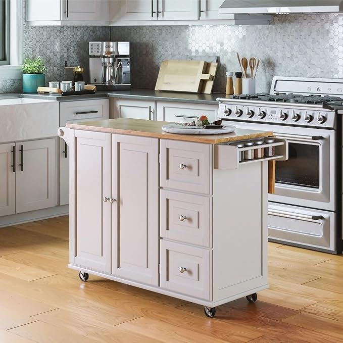 Homestyles Mobile Kitchen Island Cart with Wood Drop Leaf Breakfast Bar, Off White,Soft White, 54 Inch Width - LeafyLoom