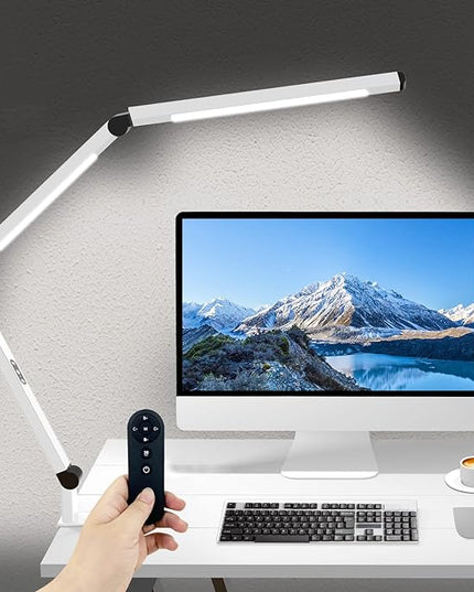 Micomlan LED Desk Lamp for Home Office, Architect Clamp Desk Lamp with Remote Control, Adjustable Swing Arm Clamp on Desk Light Clip-on Dual Light 5 Brightness Levels & 4 CCT Modes Table Light - LeafyLoom