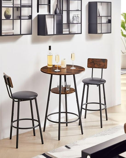 NicBex Kitchen Table Set Modern Dining Table Set Small Dining Table for 2 Round Bar Stool Set with Shelf, Upholstered Stool with Backrest for Dining Room, Dinette, Compact Space, Rustic Brown - LeafyLoom