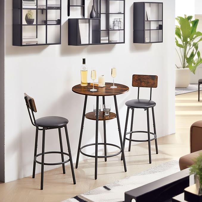 NicBex Kitchen Table Set Modern Dining Table Set Small Dining Table for 2 Round Bar Stool Set with Shelf, Upholstered Stool with Backrest for Dining Room, Dinette, Compact Space, Rustic Brown - LeafyLoom