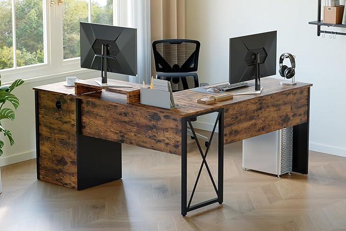 Bestier L Shaped Desk with Drawers, 55 inch Office L Desk with Reversible File Drawer, Industrial Wood Computer Desk with Monitor Stand (Rustic Brown) - LeafyLoom