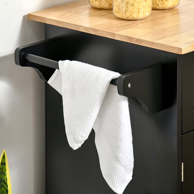 HOMCOM 41" Modern Rolling Kitchen Island on Wheels, Utility Cart Storage Trolley with Rubberwood Top & Drawers, Black - LeafyLoom