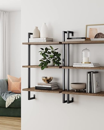Nathan James Theo 3-Shelf Small Bookcase, Floating Wall Mount Bookshelf with Wood and Industrial Pipe/Metal Frame, Rustic Oak/Matte Black - LeafyLoom