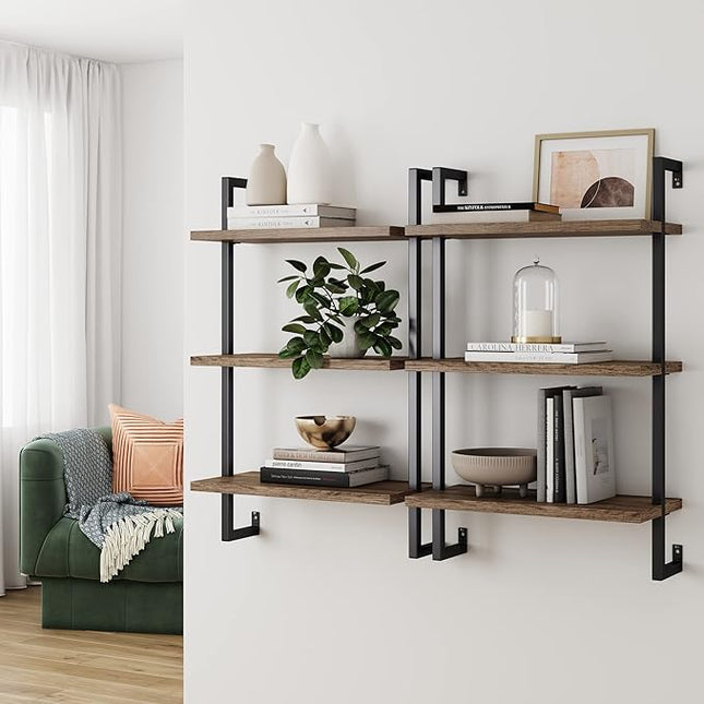 Nathan James Theo 3-Shelf Small Bookcase, Floating Wall Mount Bookshelf with Wood and Industrial Pipe/Metal Frame, Rustic Oak/Matte Black - LeafyLoom