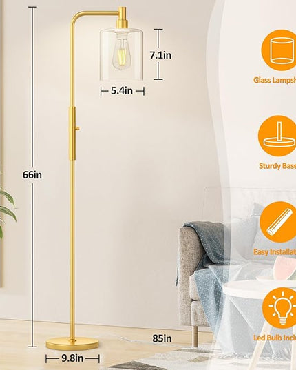 Stepless Dimmable Floor Lamps with Glass Lampshade Modern Standing Lamps with 6W LED Bulb Bright Corner Lamp Tall Pole Lamps for Living Room Bedroom Office Study Room Farmhouse, Gold - LeafyLoom