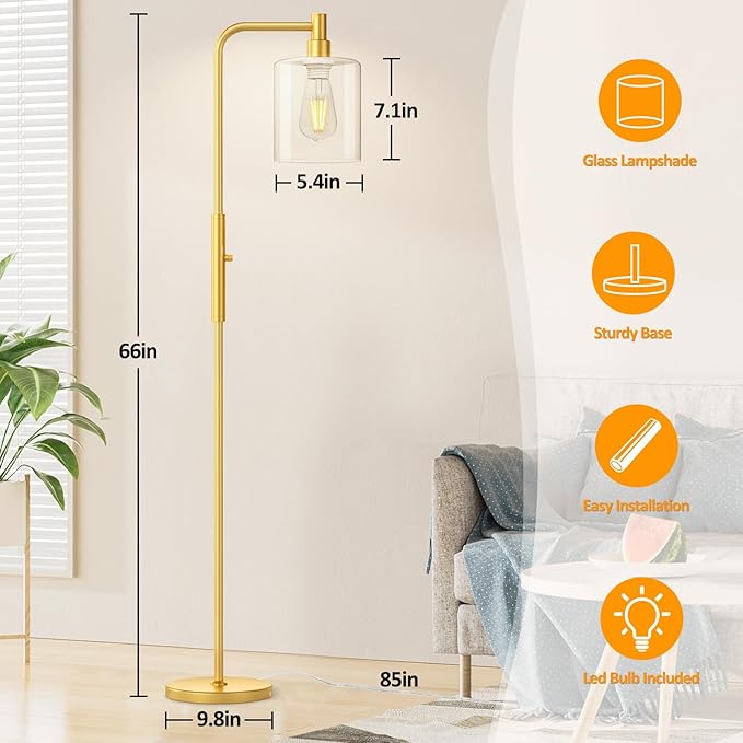 Stepless Dimmable Floor Lamps with Glass Lampshade Modern Standing Lamps with 6W LED Bulb Bright Corner Lamp Tall Pole Lamps for Living Room Bedroom Office Study Room Farmhouse, Gold - LeafyLoom