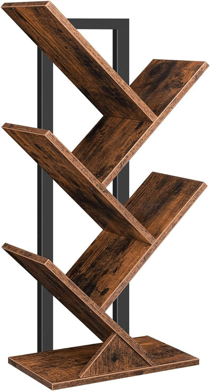 HOOBRO Tree Bookshelf, 5-Tier Bookcase Wooden Shelves, Floor Standing Storage Rack, for Display of CDs, Books in Living Room, Home Office, Wood Storage Rack for Bedroom, Rustic Brown BF04SJ01G1 - LeafyLoom