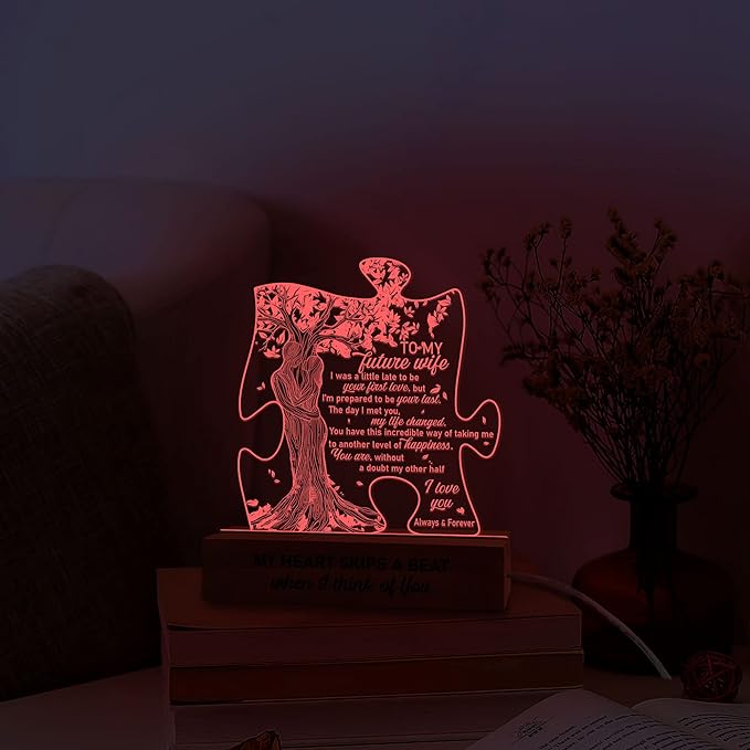 Gifts for Wife from Husband | Wedding Lights for Couples, Engraved, Newlyweds | to My Future Wife 3D Lamp Wooden Base USB Powered Acrylic Night Light | Gift for Her on Birthday Valentines - LeafyLoom