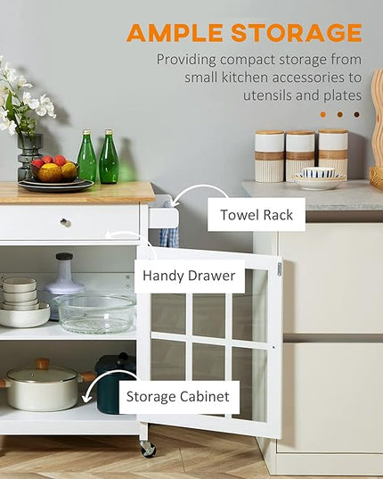 HOMCOM 27" Rolling Kitchen Island Cart with Drawer and Glass Door Cabinet, Kitchen Trolley with Adjustable Shelf and Towel Rack, White - LeafyLoom