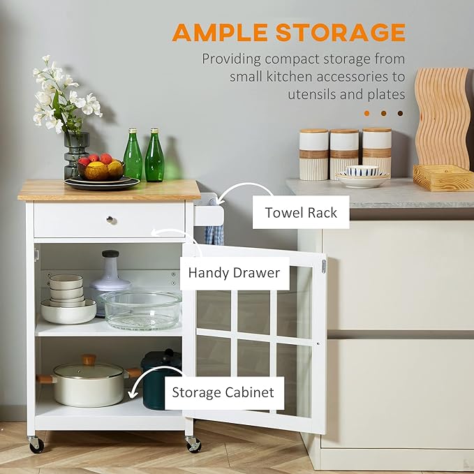 HOMCOM 27" Rolling Kitchen Island Cart with Drawer and Glass Door Cabinet, Kitchen Trolley with Adjustable Shelf and Towel Rack, White - LeafyLoom