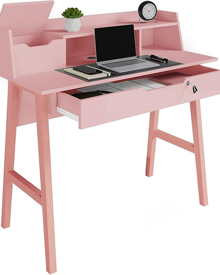Roma Writing Desk - Elegant Wood Study Desk With Storage, Cable Holes & Drawers - Work Table for Home, Office, Dorm, Small Spaces - Compact Black Desk, 40x19x36.9” (pink) - LeafyLoom