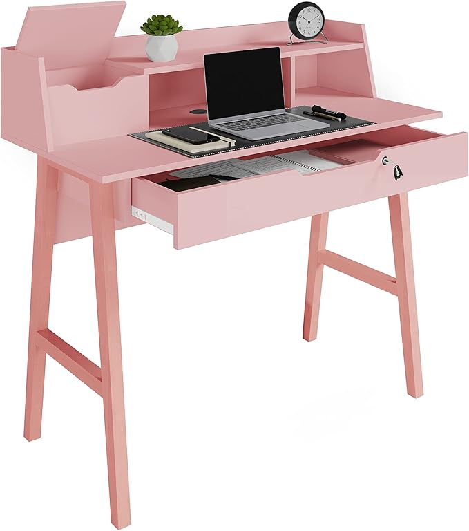 Roma Writing Desk - Elegant Wood Study Desk With Storage, Cable Holes & Drawers - Work Table for Home, Office, Dorm, Small Spaces - Compact Black Desk, 40x19x36.9” (pink) - LeafyLoom