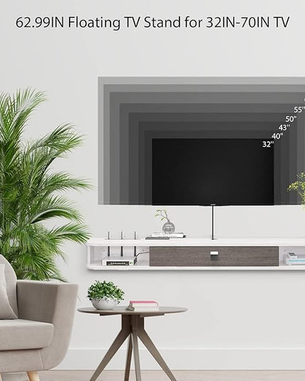 Floating TV Unit, 63'' Wall Mounted TV Cabinet, Floating Shelves with Door, Modern Entertainment Media Console Center Large Storage TV Bench for Living Room & Office (62.99IN, Grey White) - LeafyLoom
