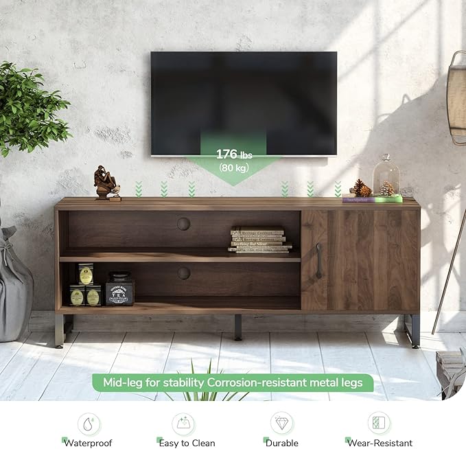 Novilla Media Console, TV Stand for TV's up to 58" Flat Screen Living Room Storage Cabinet Doors and Shelves Entertainment Center, 53 Inches, Walnut - LeafyLoom
