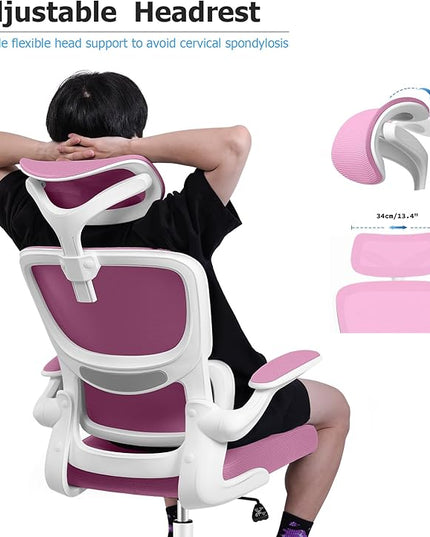 Ergonomic Office Desk Chair, High Back Mesh Chair with Lumbar Support and Adjustable Headrest, Computer Gaming Chair with Flip-up Armrests, Executive Swivel Chair for Home Office (Pink) - LeafyLoom