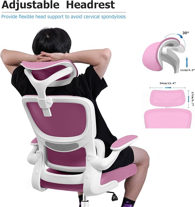 Ergonomic Office Desk Chair, High Back Mesh Chair with Lumbar Support and Adjustable Headrest, Computer Gaming Chair with Flip-up Armrests, Executive Swivel Chair for Home Office (Pink) - LeafyLoom
