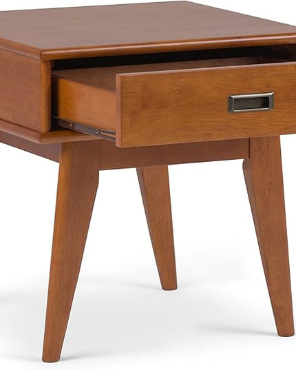 SIMPLIHOME Solid Hardwood 22 Inch Mid Century Bookcase, End Table and Storage Unit Bundle in Teak Brown, 6 Shelves and Drawer - LeafyLoom