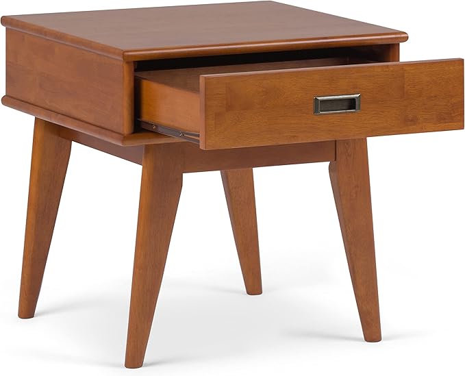 SIMPLIHOME Solid Hardwood 22 Inch Mid Century Bookcase, End Table and Storage Unit Bundle in Teak Brown, 6 Shelves and Drawer - LeafyLoom
