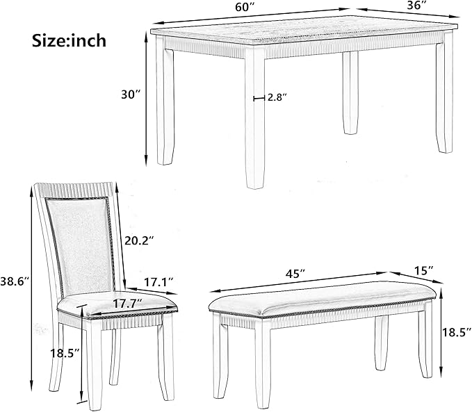 6-Piece Wood Dining Table Set with 4 Upholstered Chairs and Bench, for Kitchen Living Room, Farmhouse Rustic Style, 60" L x 36" W x 30" H, White+Gray(PU Leather) - LeafyLoom