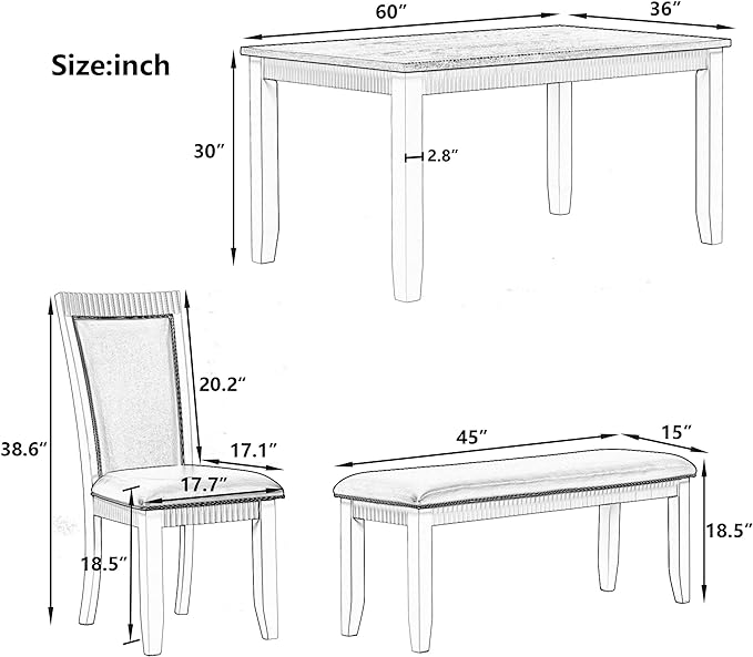 6-Piece Rustic Dining, Solid Wood Table Set with PU Leather Upholstered Chairs and a Bench for Kitchen and Living Room, Gray, 1 - LeafyLoom